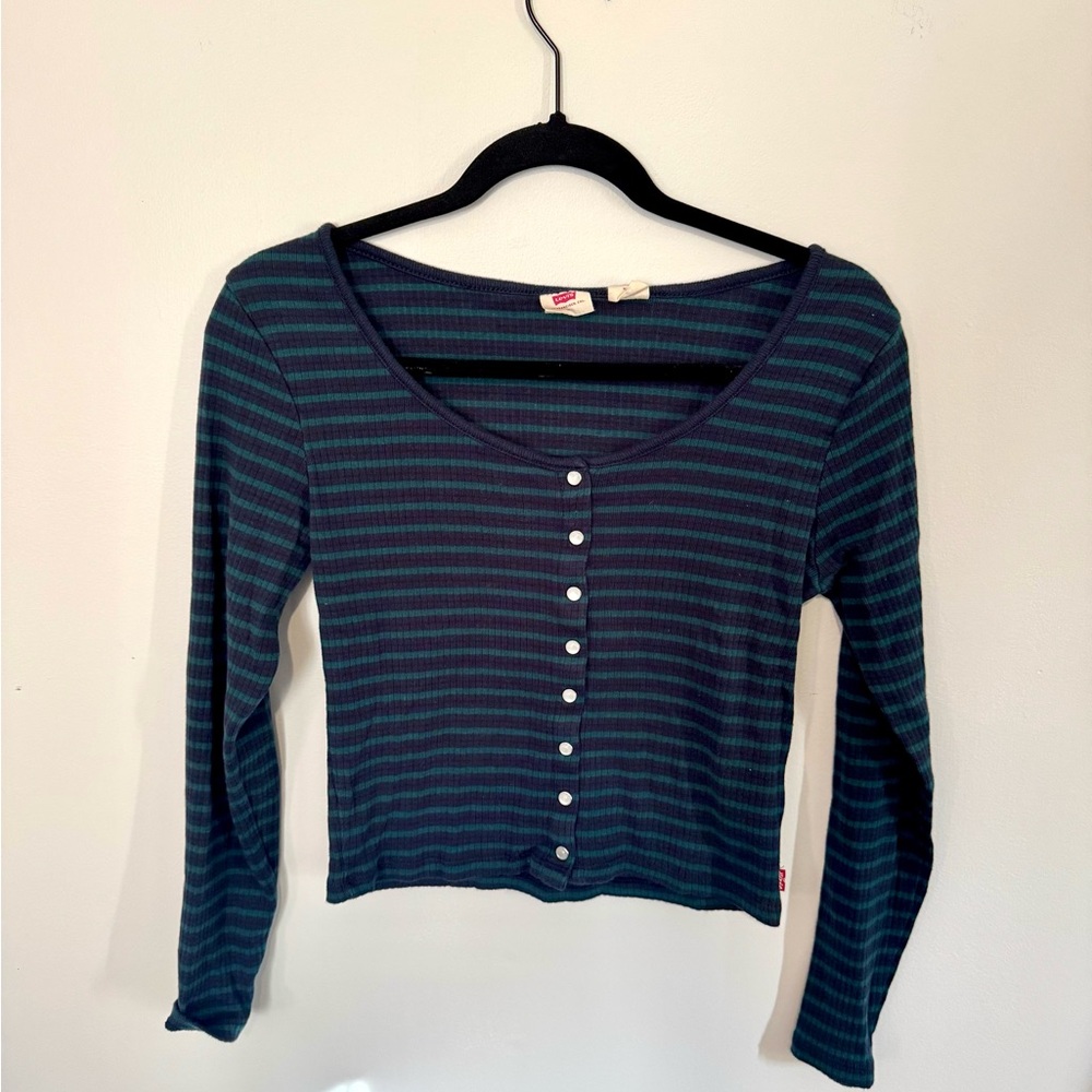 Levi's Green and Navy Striped Button-Down Long Sleeve Cropped Shirt, Medium